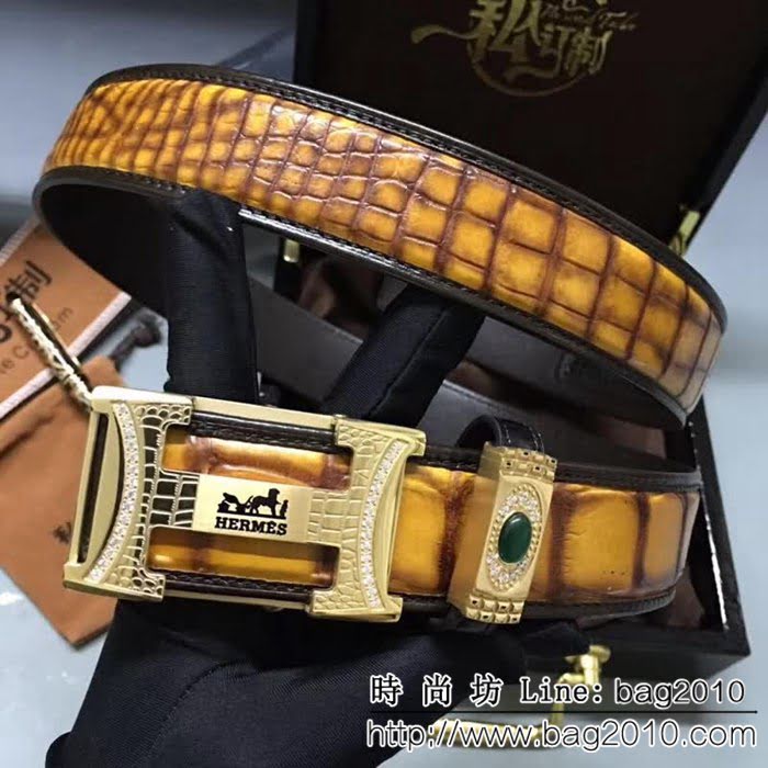 愛馬仕HERMES 純手工美洲鱷魚無拼接肚皮 自動高端男士皮帶 HHG1077